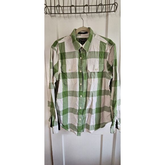 Vintage‎ Eddie Bauer CLASSIC FIT green white plaid  men Flannel shirt sz Large - Picture 1 of 12